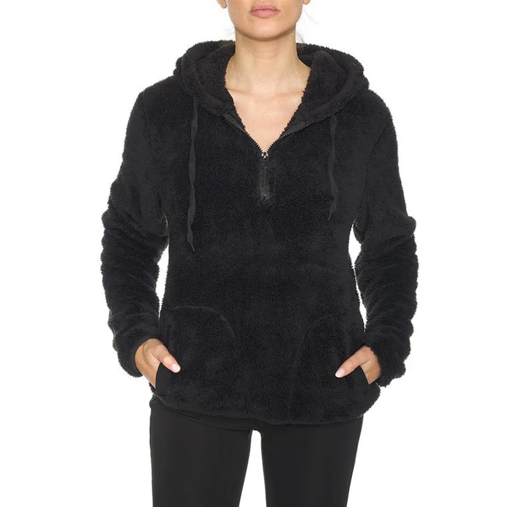 1/4 Zip Hooded Sherpa In and Out Lined Pull Over with 2 Pockets