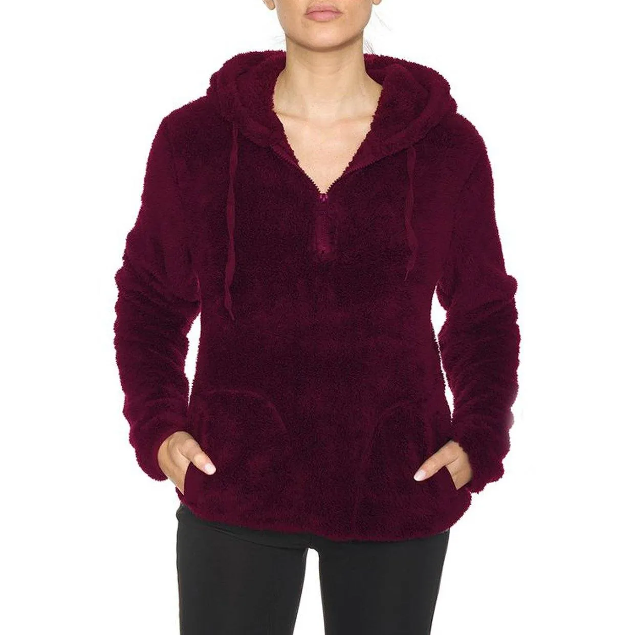 1/4 Zip Hooded Sherpa In and Out Lined Pull Over with 2 Pockets