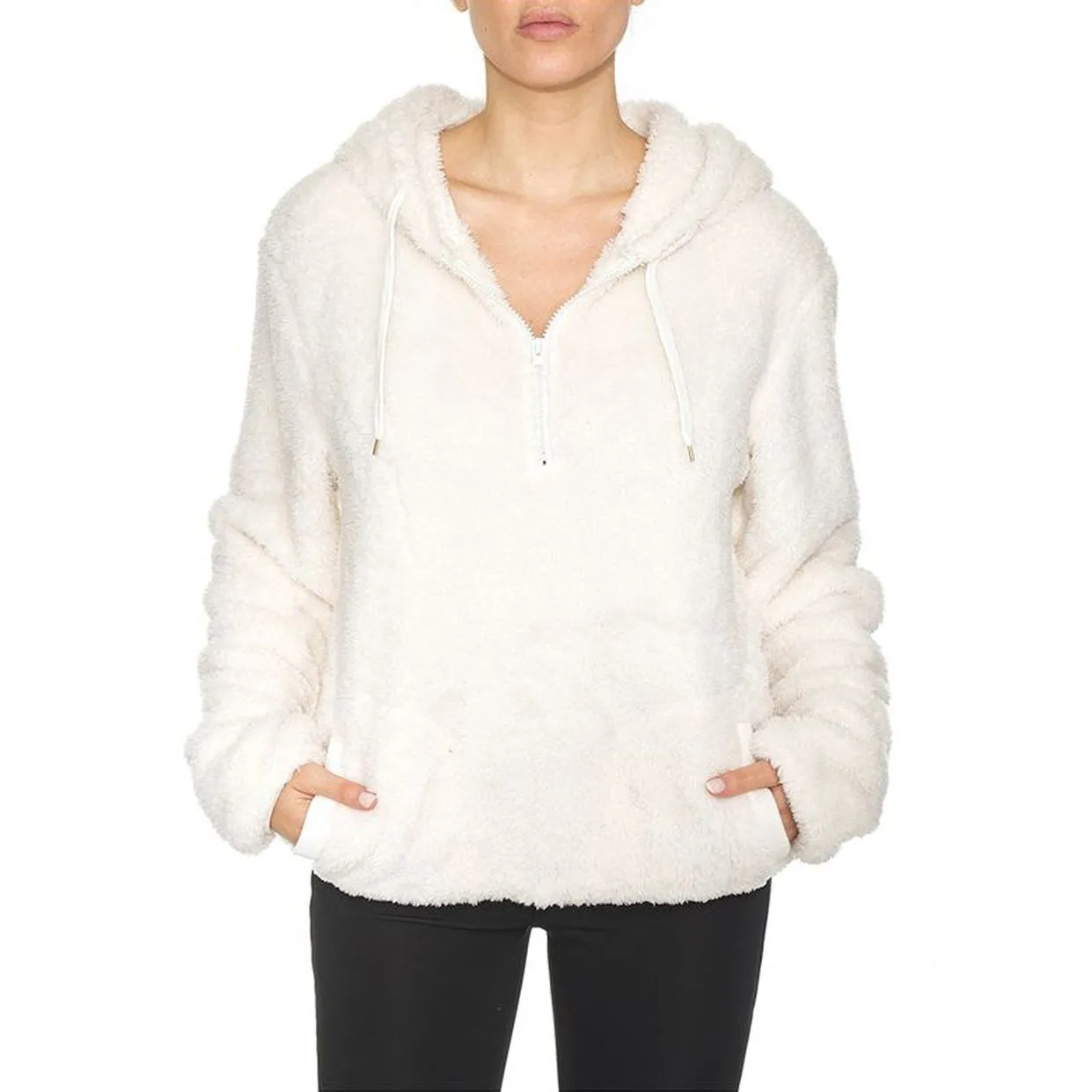 1/4 Zip Hooded Sherpa In and Out Lined Pull Over with 2 Pockets