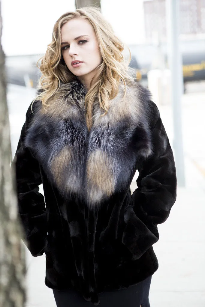 Black Sheared Mink Fur Jacket with Cross Fox Collar