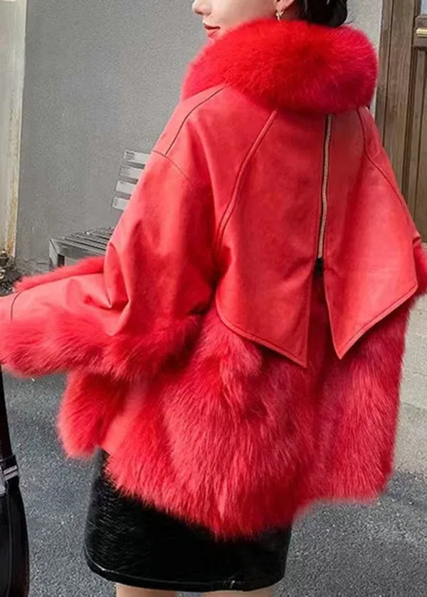 Classy Red Fur Collar Patchwork Faux Fur Jackets Winter LY9400