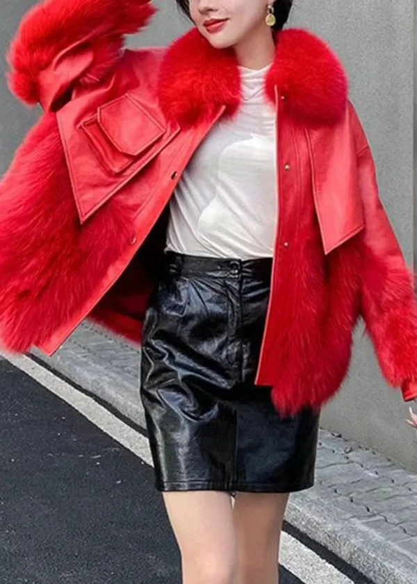Classy Red Fur Collar Patchwork Faux Fur Jackets Winter LY9400