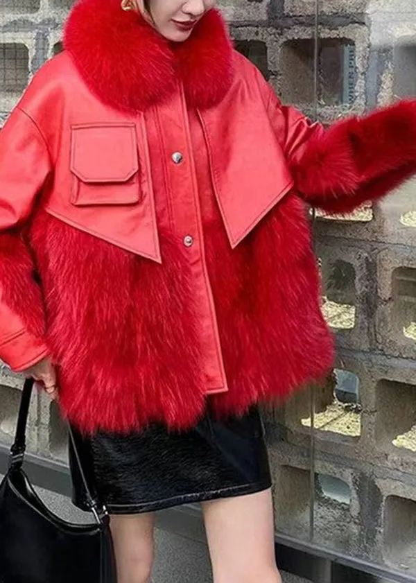Classy Red Fur Collar Patchwork Faux Fur Jackets Winter LY9400