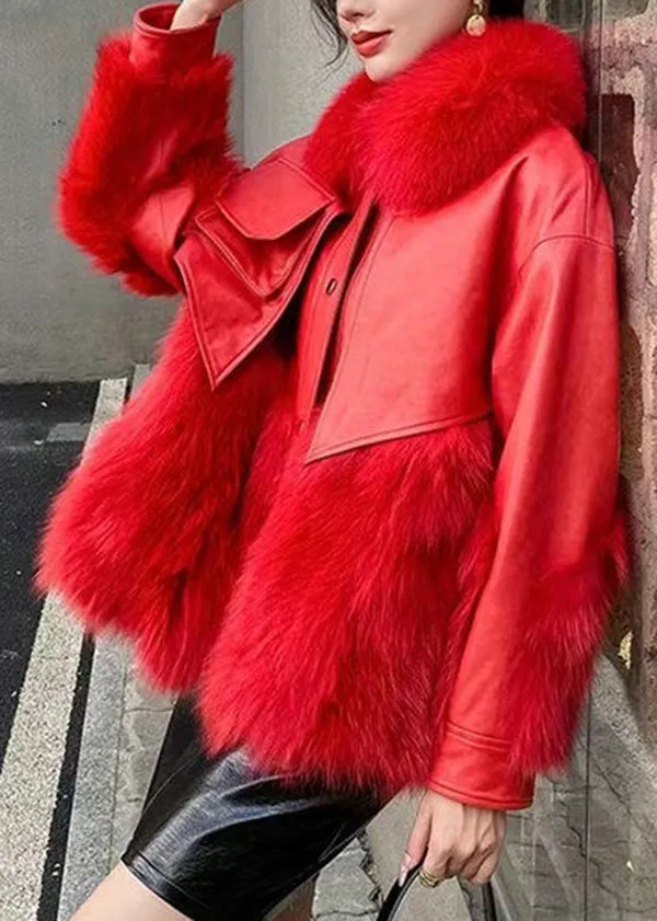 Classy Red Fur Collar Patchwork Faux Fur Jackets Winter LY9400