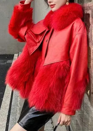 Classy Red Fur Collar Patchwork Faux Fur Jackets Winter LY9400