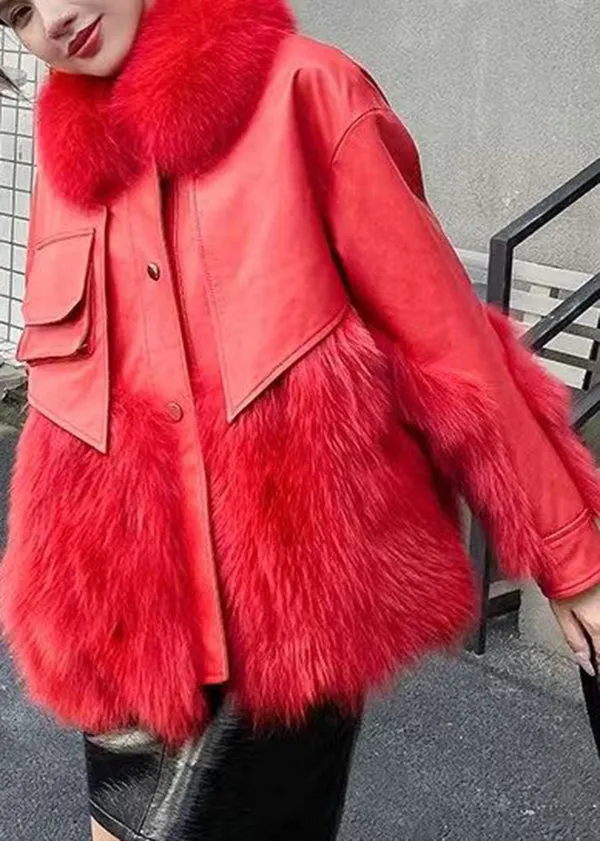 Classy Red Fur Collar Patchwork Faux Fur Jackets Winter LY9400