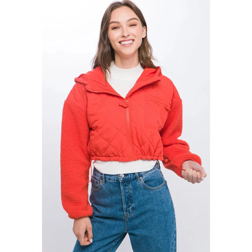 Diagonal Quilt Cropped Sherpa Arm Zip Up Jacket