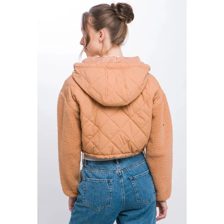 Diagonal Quilt Cropped Sherpa Arm Zip Up Jacket