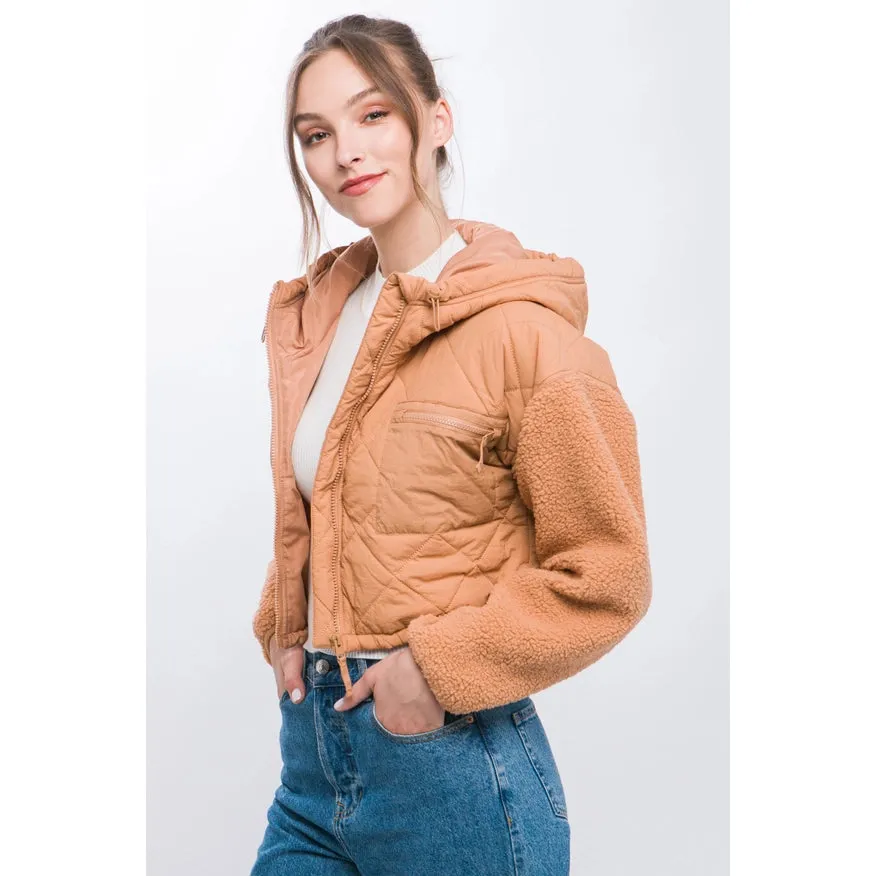 Diagonal Quilt Cropped Sherpa Arm Zip Up Jacket