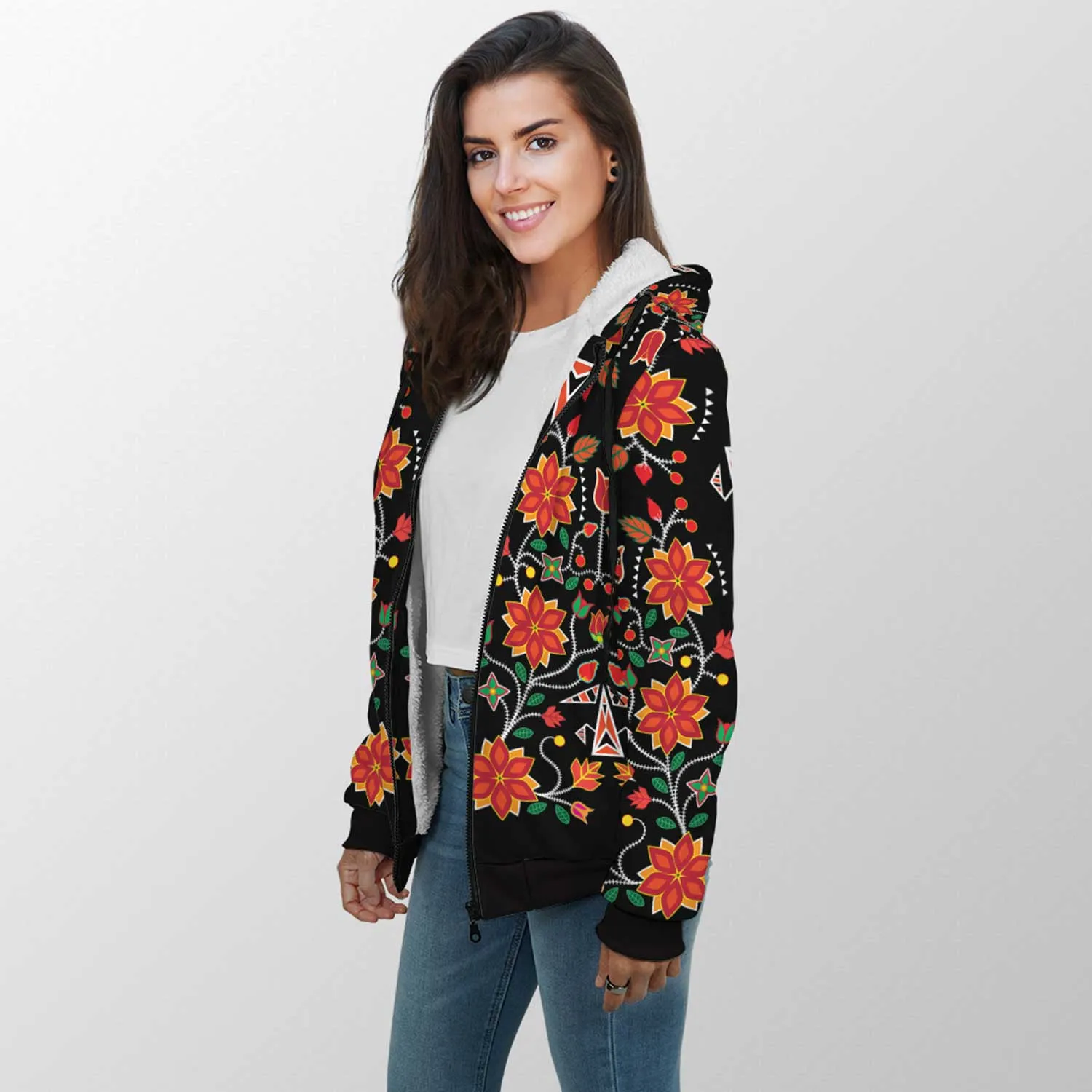 Floral Beadwork Six Bands Sherpa Hoodie