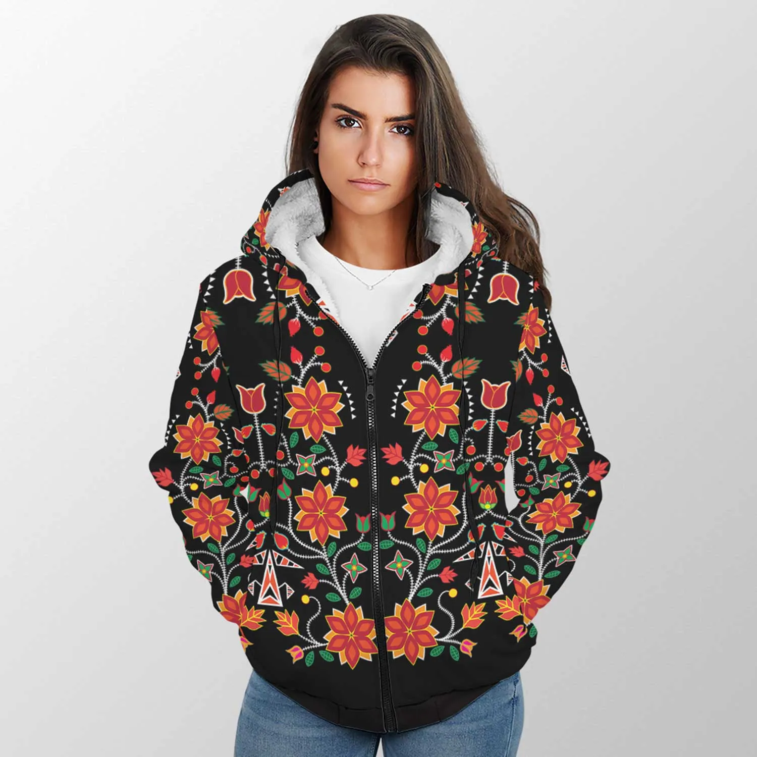 Floral Beadwork Six Bands Sherpa Hoodie