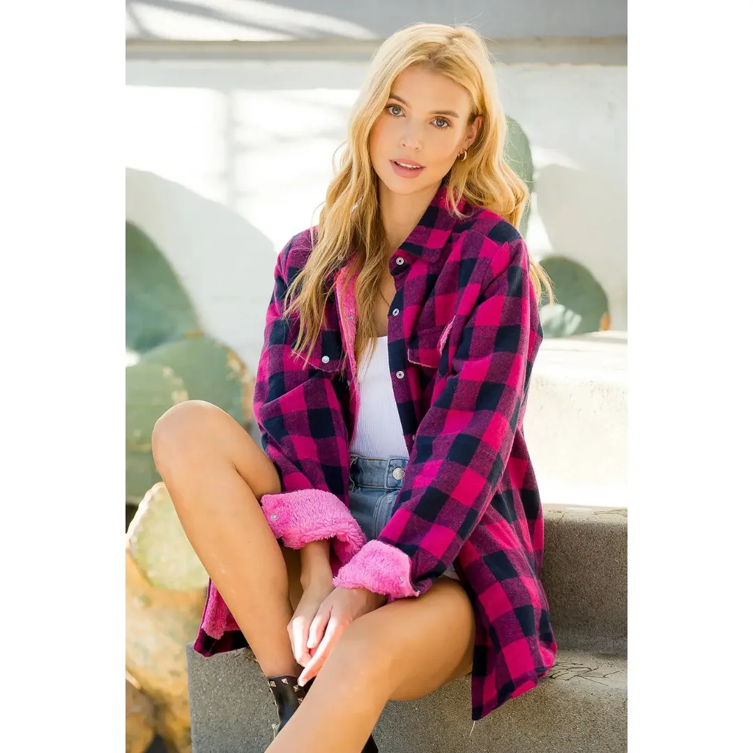 Kim - Buffalo Pink Plaid Sherpa Lined Shacket