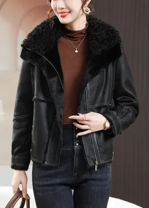 Loose Black Peter Pan Collar Zippered Fuzzy Fur Coats Winter ML2793