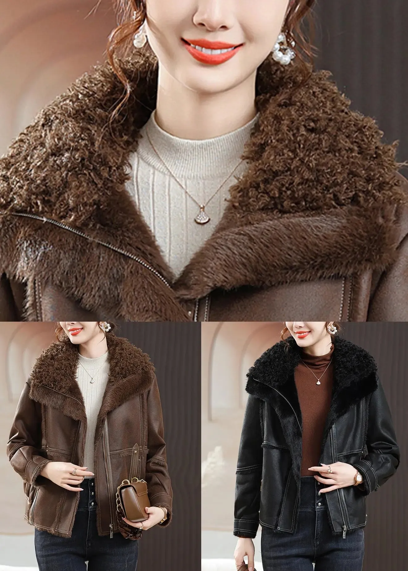 Loose Black Peter Pan Collar Zippered Fuzzy Fur Coats Winter ML2793