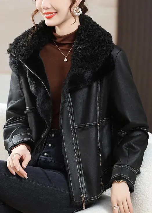 Loose Black Peter Pan Collar Zippered Fuzzy Fur Coats Winter ML2793