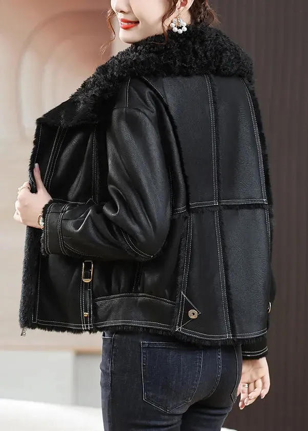 Loose Black Peter Pan Collar Zippered Fuzzy Fur Coats Winter ML2793