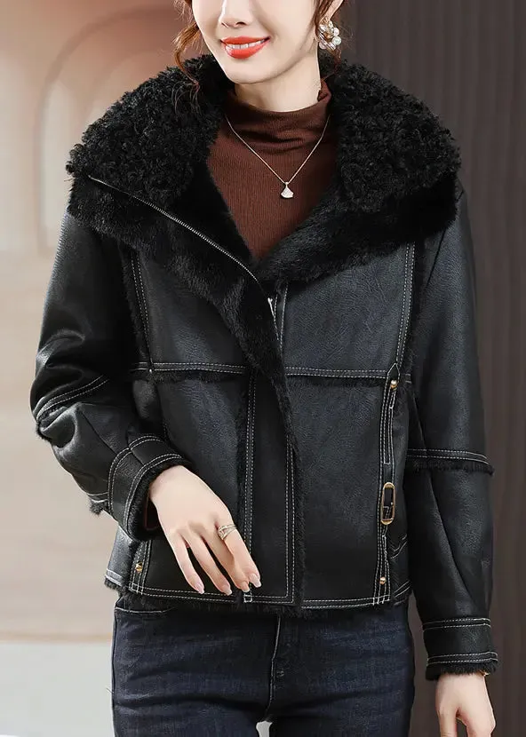 Loose Black Peter Pan Collar Zippered Fuzzy Fur Coats Winter ML2793
