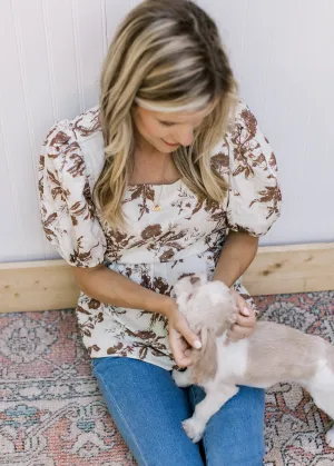 Mocha and Cream Graphic Floral Top
