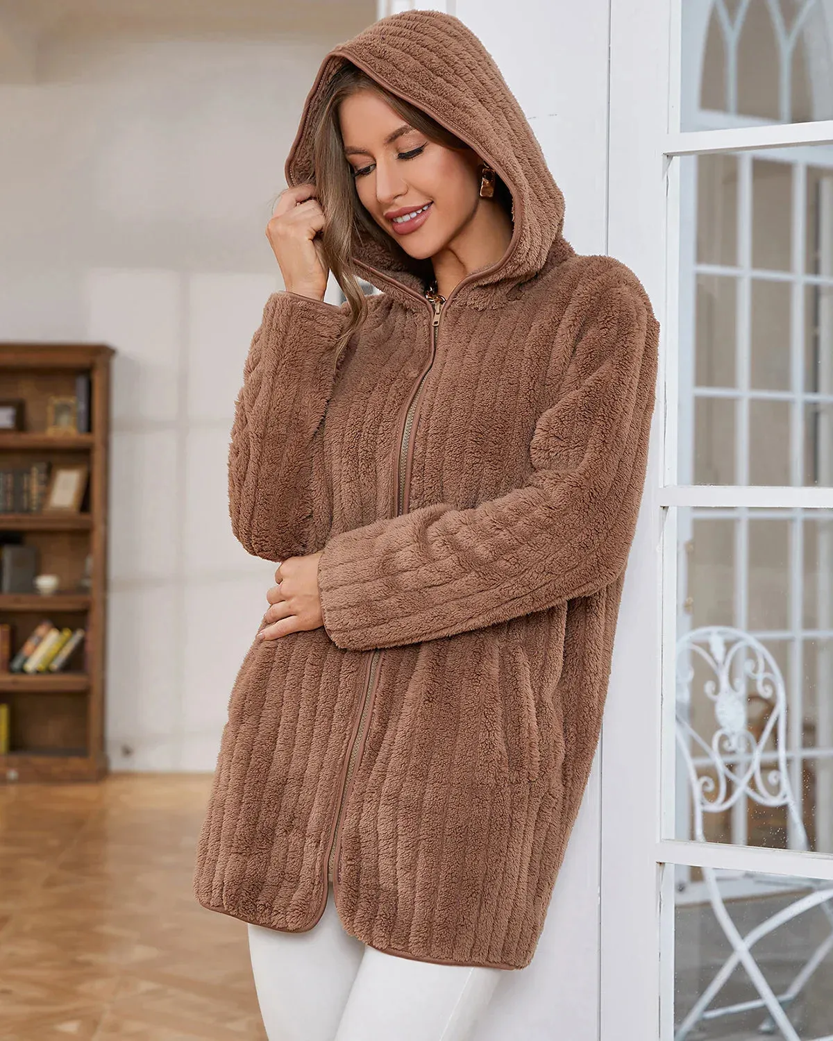 Women Roomy Fuzzy Hooded Jacket Cardigan for Chilly Days