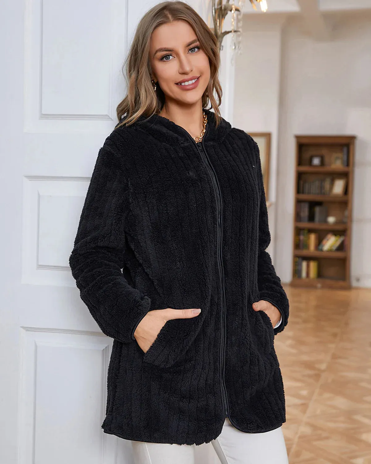 Women Roomy Fuzzy Hooded Jacket Cardigan for Chilly Days